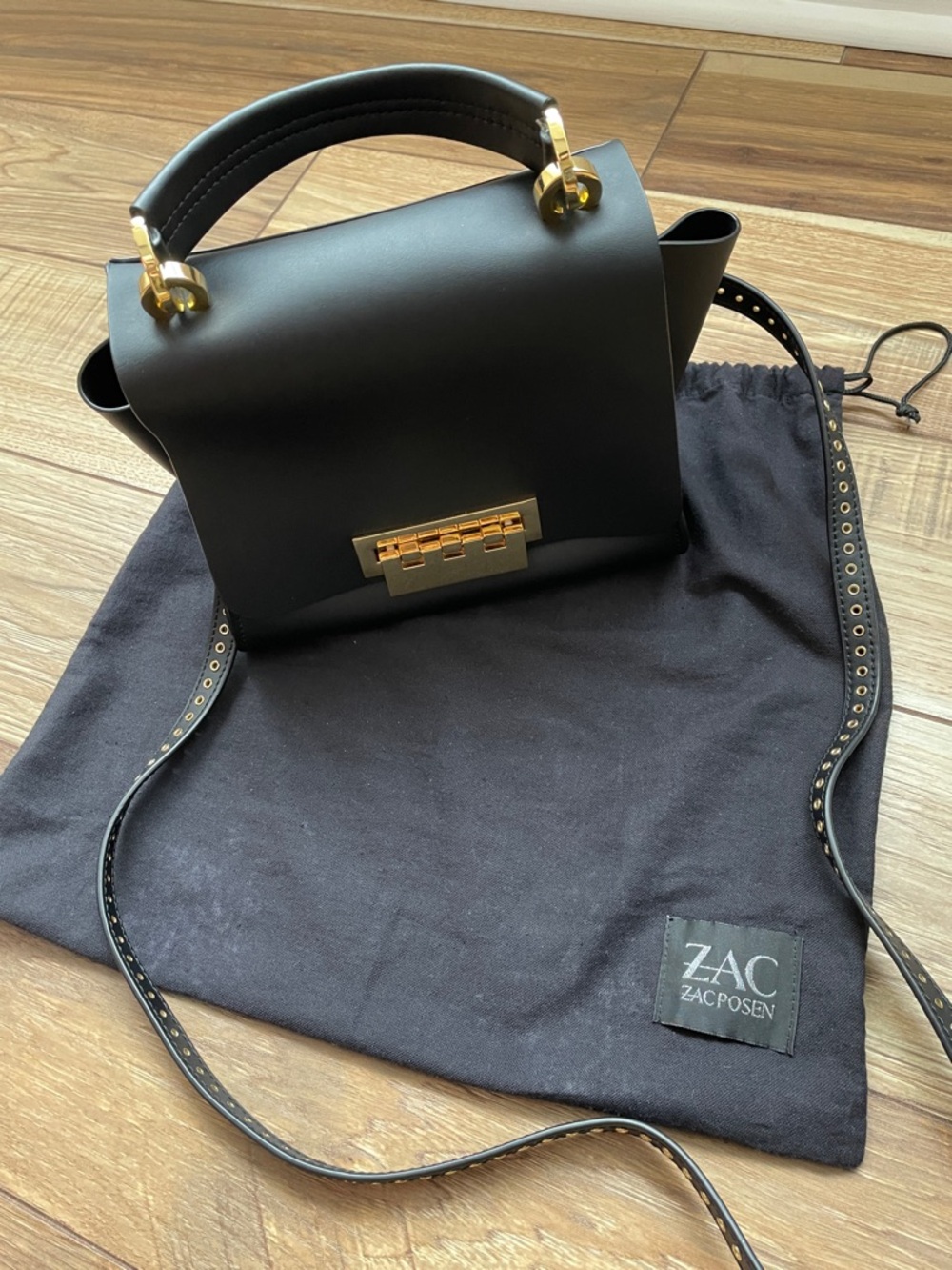 ZAC Zac Posen Black Leather Top-Handle Crossbody with Gold Hardware